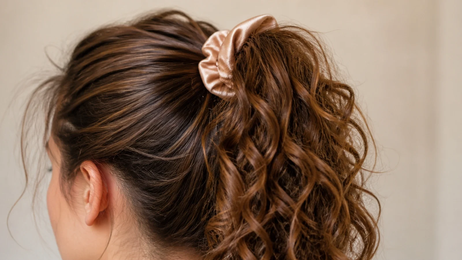 High curly ponytail secured with a satin scrunchie showing full volume and defined curl ends