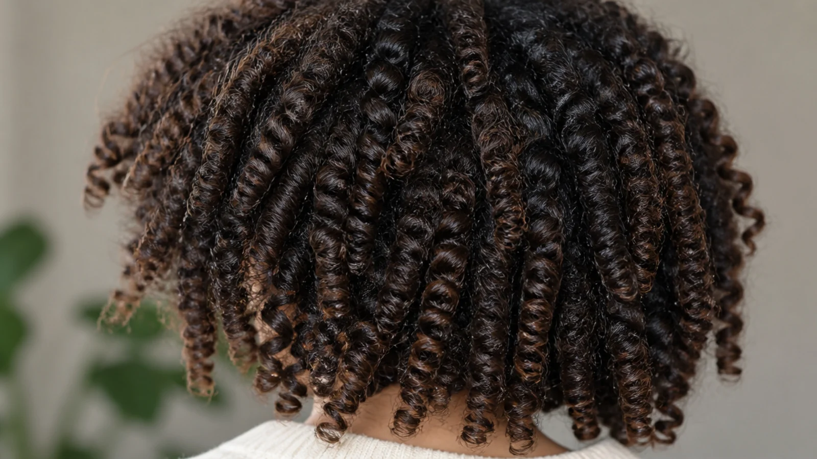 Bantu knot out on frizzy curly hair creating uniform corkscrew spirals with big volume