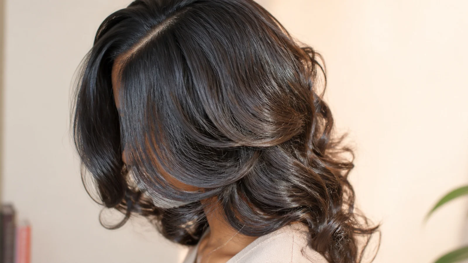 Curly blowout with a deep side part, big soft volume and stretched loose curls