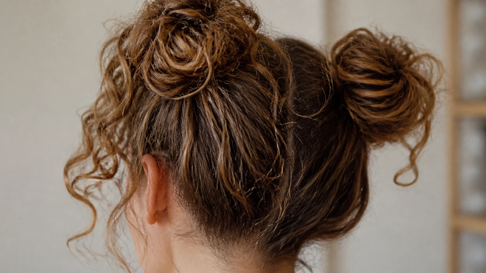 Two curly space buns high on the head with loose frizzy curls escaping around the face