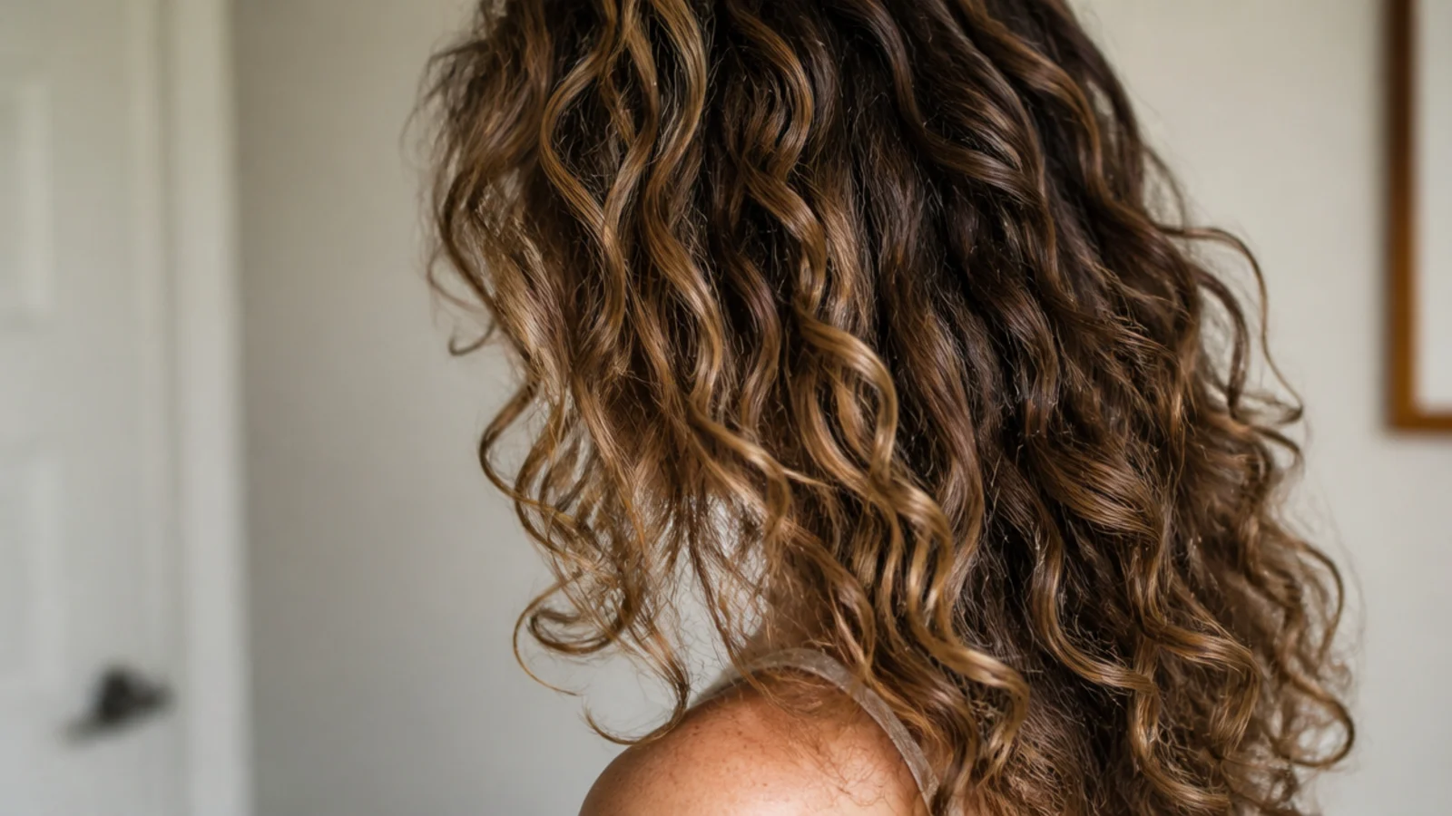 Long layered curly hair with internal debulking so the curls hang without a triangle silhouette