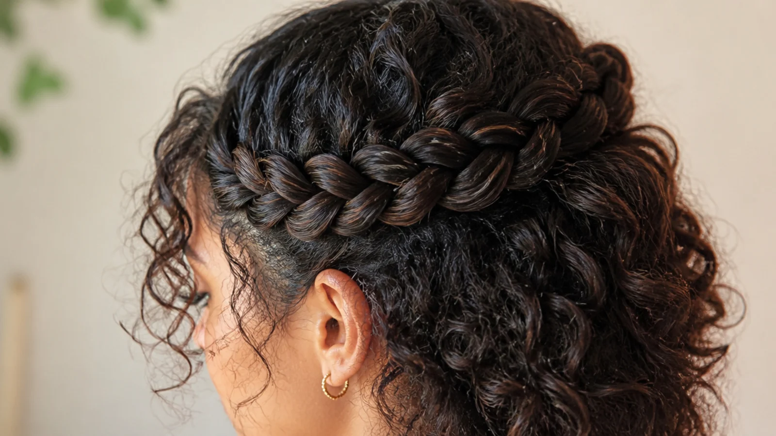 Halo braid wrapped around the crown of frizzy curly hair with soft texture left at the hairline