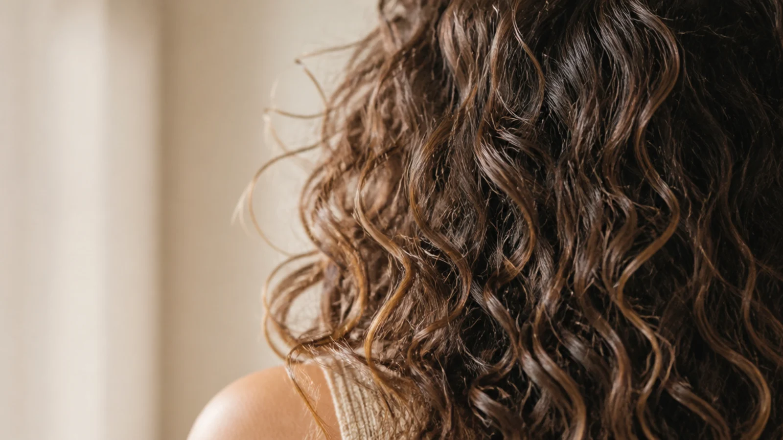 Air dried curly hair styled with leave in conditioner only, soft undefined clumps and gentle frizz