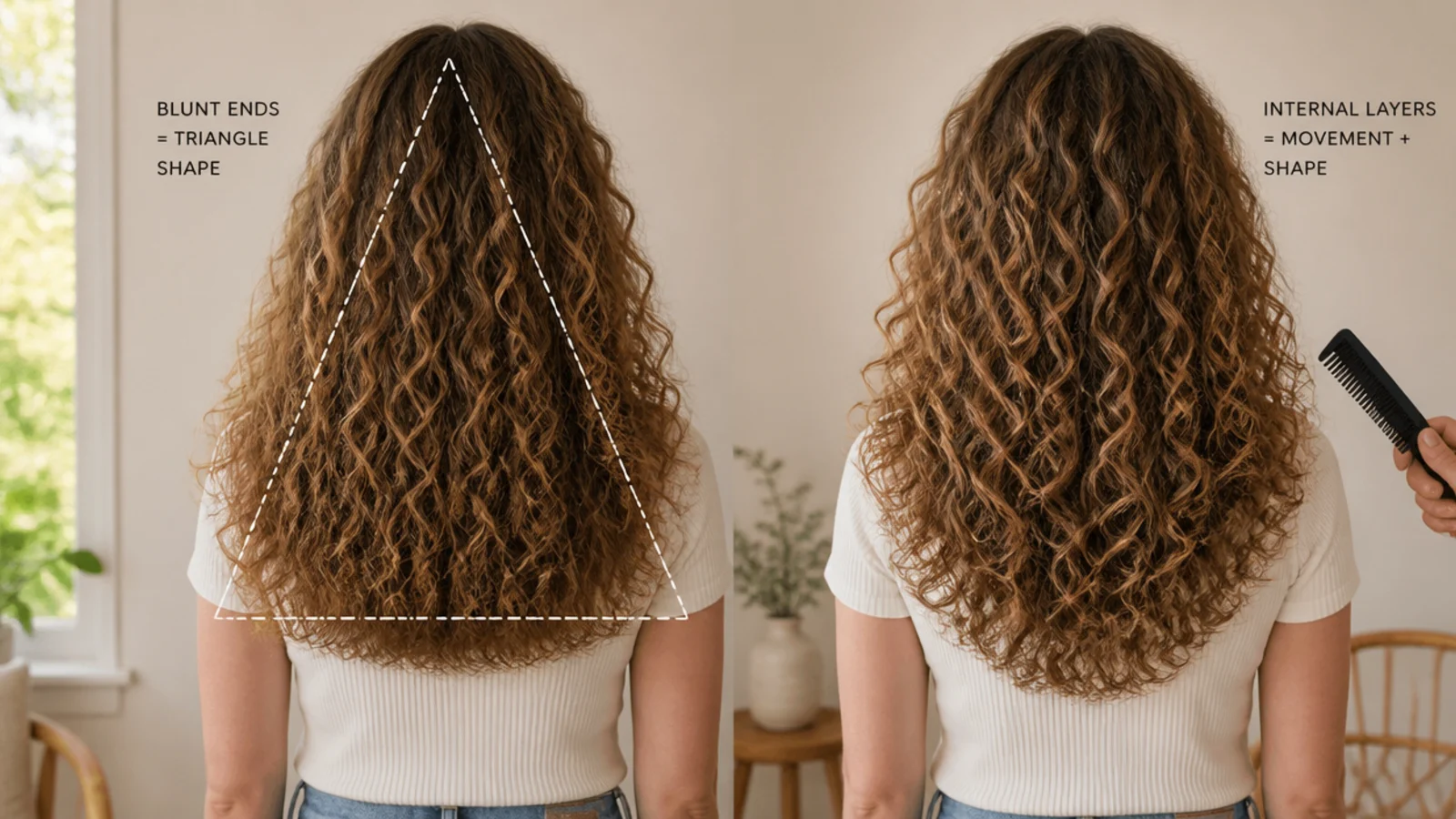 Curly haircut comparison showing blunt heavy ends causing a triangle shape versus internal layers