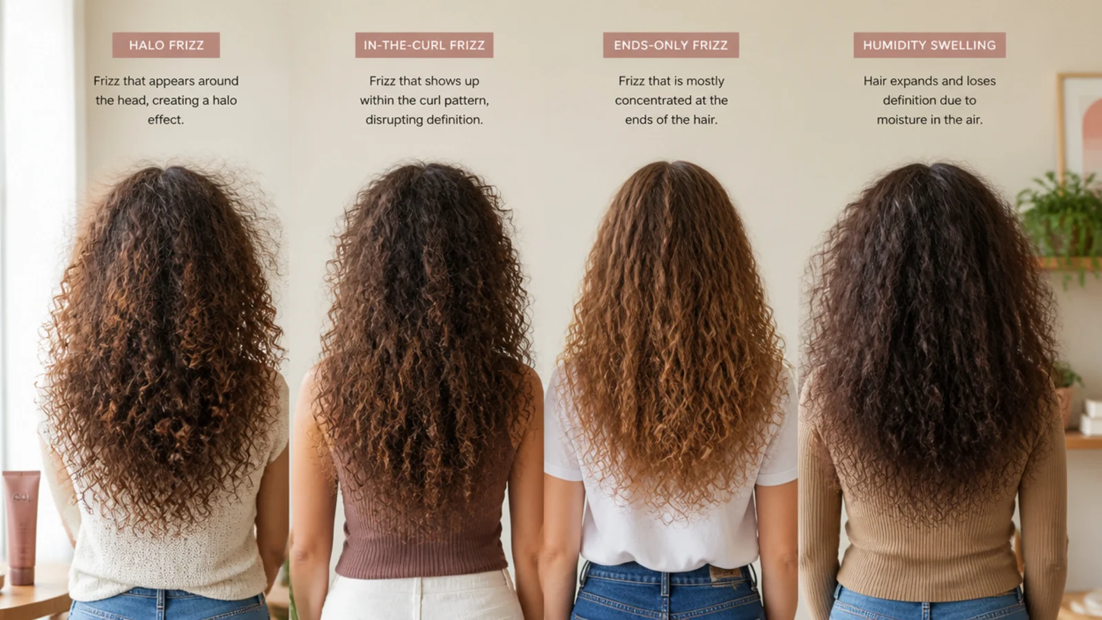 Four frizz types compared on curly hair: halo frizz, in-the-curl frizz, ends-only frizz and humidity swelling