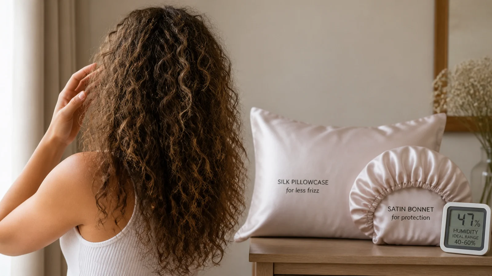Silk pillowcase and satin bonnet next to a humidity gauge for protecting frizzy curly hair overnight