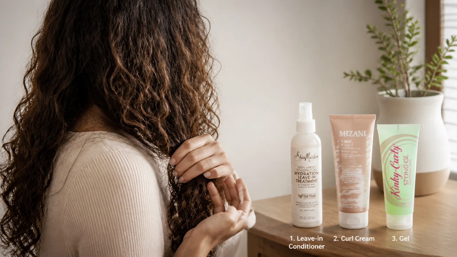 Leave-in conditioner, curl cream and gel lined up in the correct layering order for frizzy curly hair