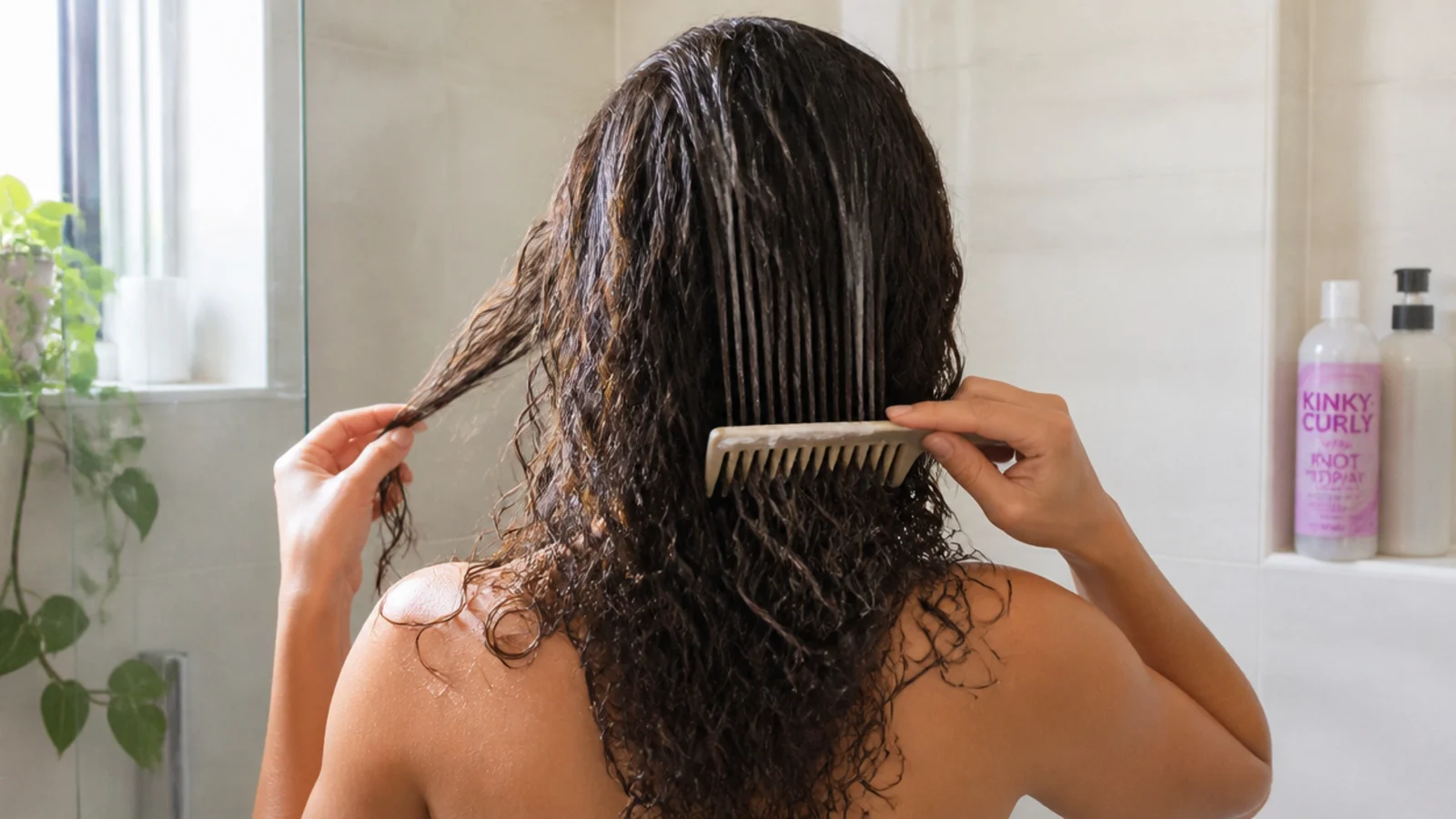 Wash day routine steps for frizzy curly hair showing conditioner detangling and product application