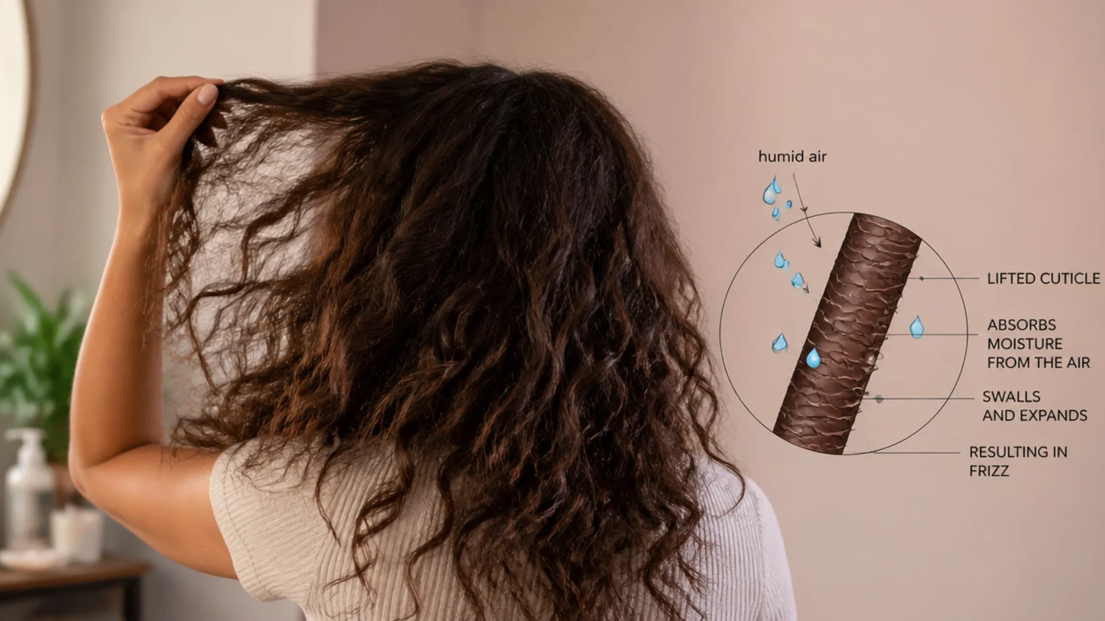 Diagram of a curly hair strand with a lifted cuticle absorbing humidity and swelling into frizz