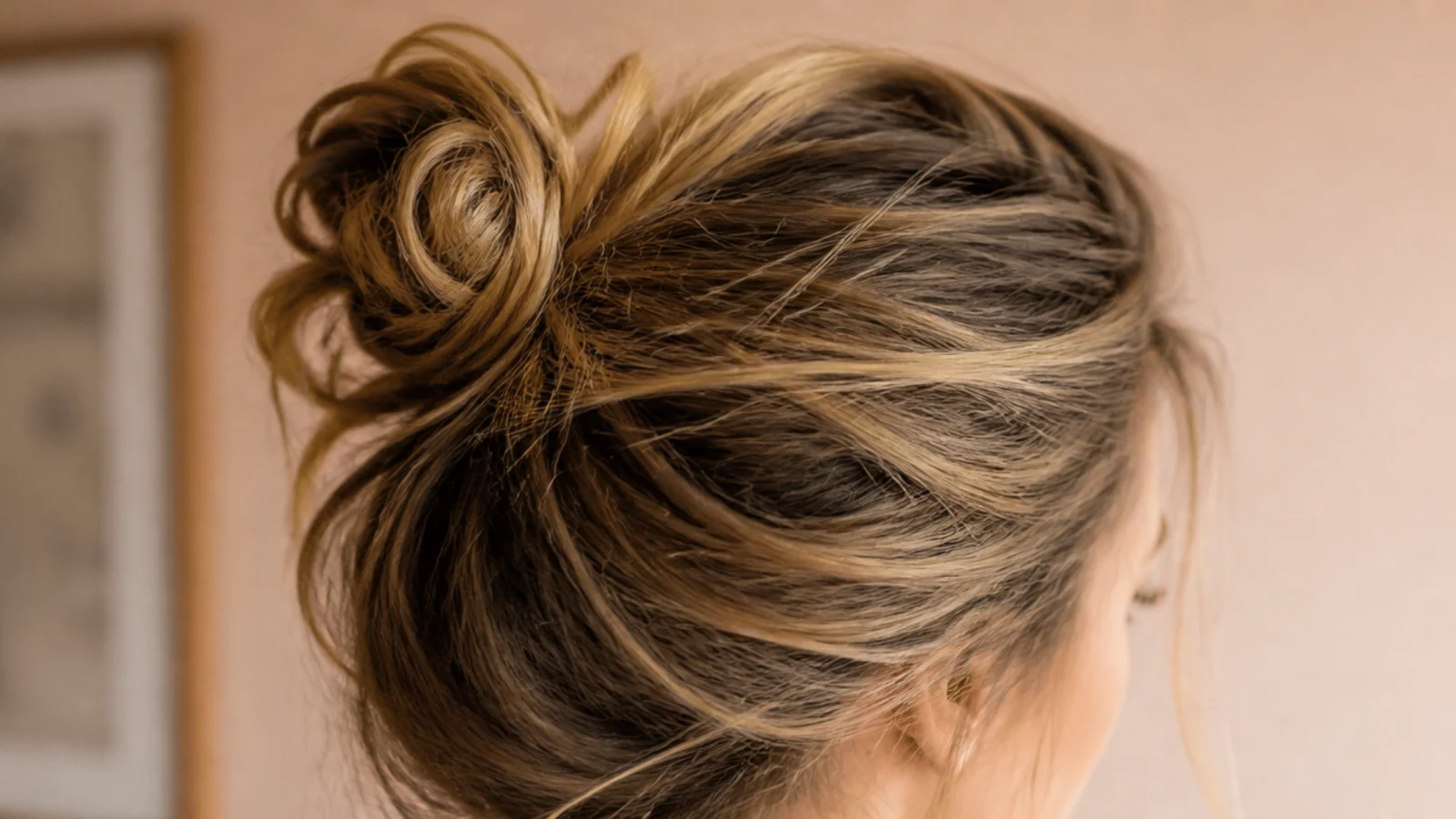 Messy top knot on day two frizzy hair with volume through the crown and loose strands framing the face