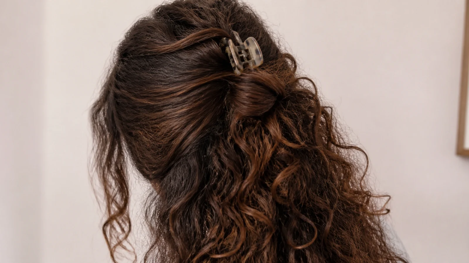 Half up claw clip twist on frizzy curly hair with the top section twisted and clipped at the crown