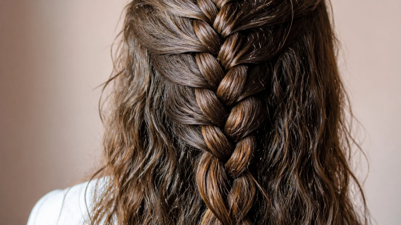 Single French braid started at the crown on damp frizzy hair running down the center of the back