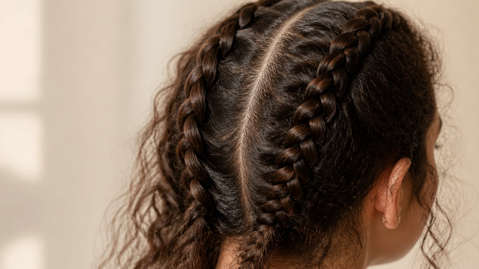 Double Dutch braids on thick frizzy hair parted down the center and braided close to the scalp