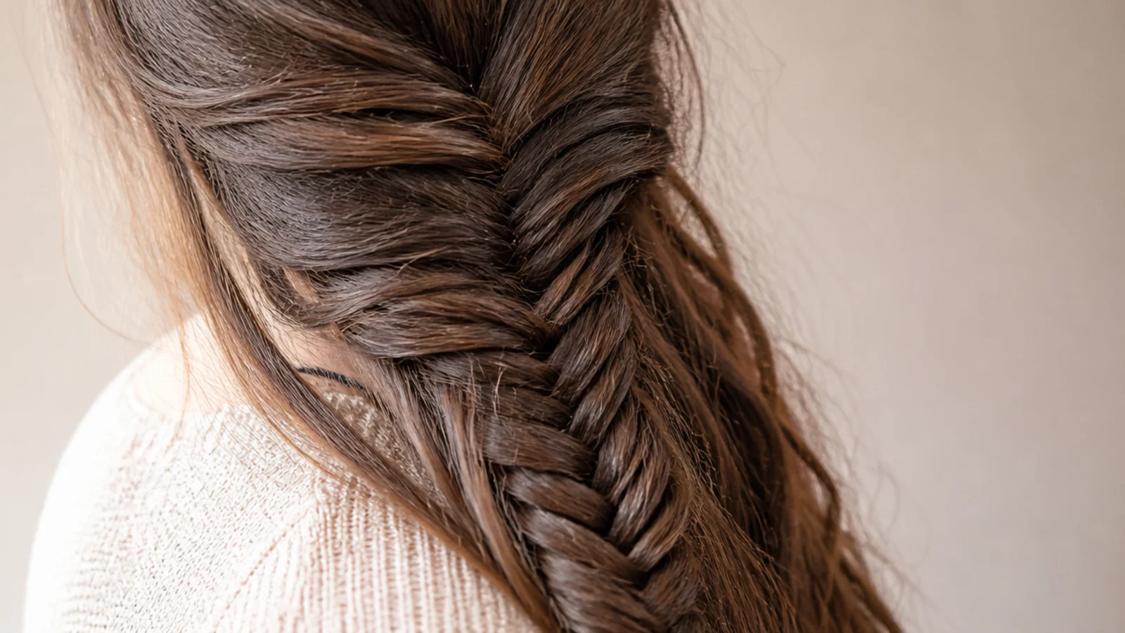 Side fishtail braid on long frizzy hair draped over one shoulder with a woven crisscross pattern