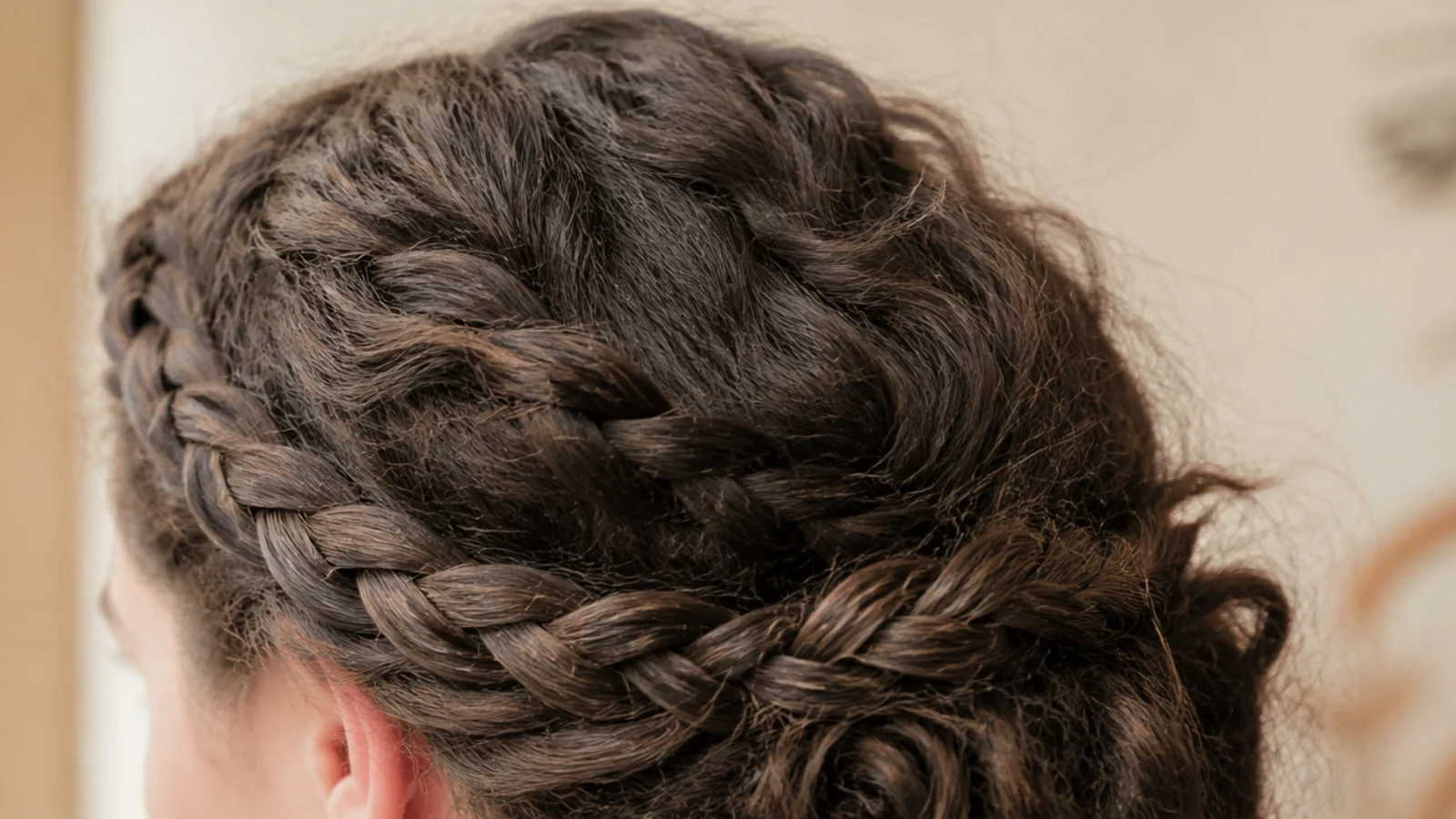 Braided crown on frizzy hair with two braids wrapped over the head and pinned behind the ears
