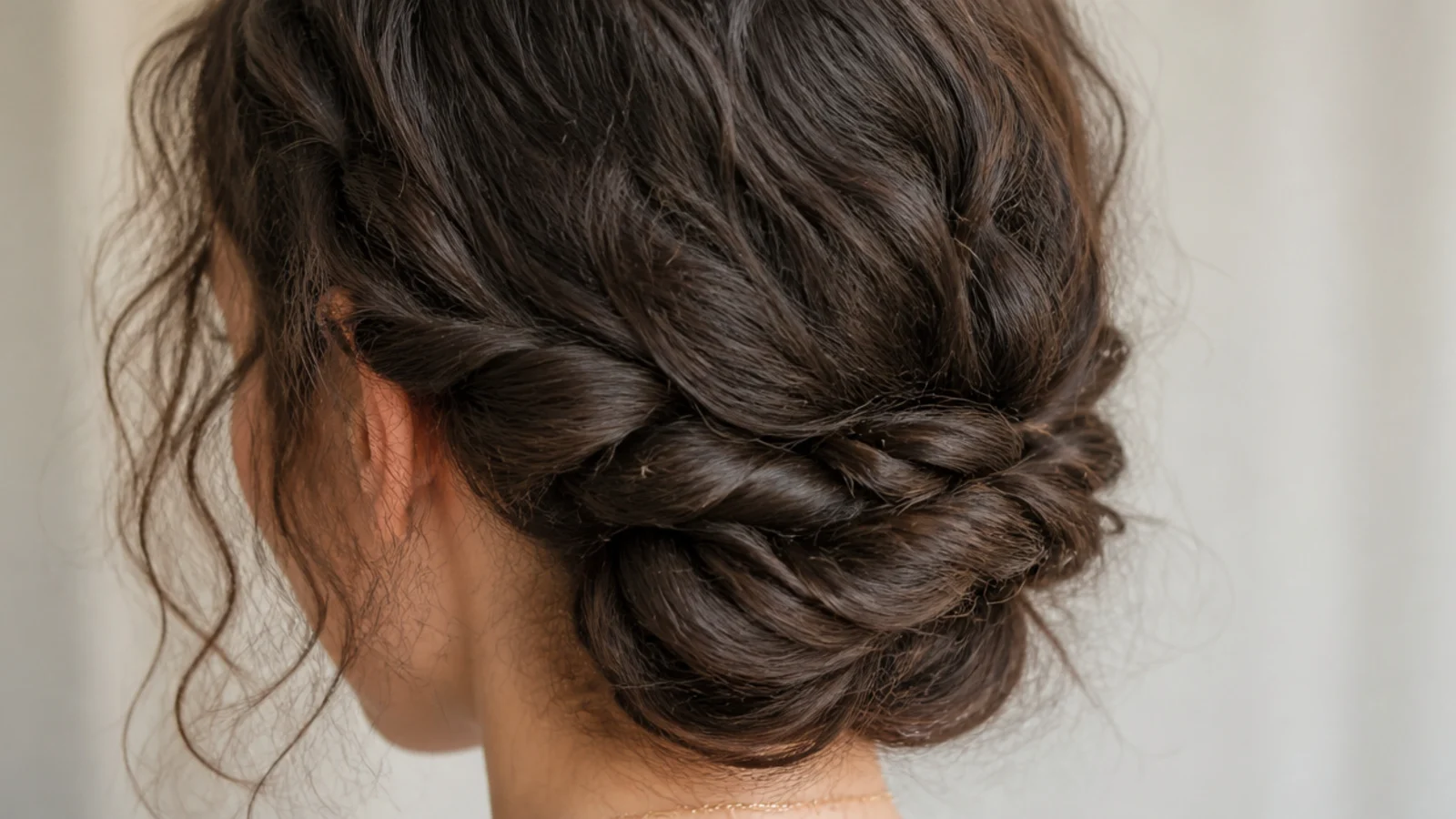 Low twisted chignon on frizzy hair with two rope twists coiled and pinned at the nape