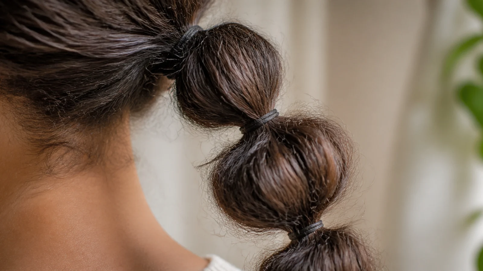 Bubble ponytail on frizzy hair with elastics spaced down the length creating rounded segments