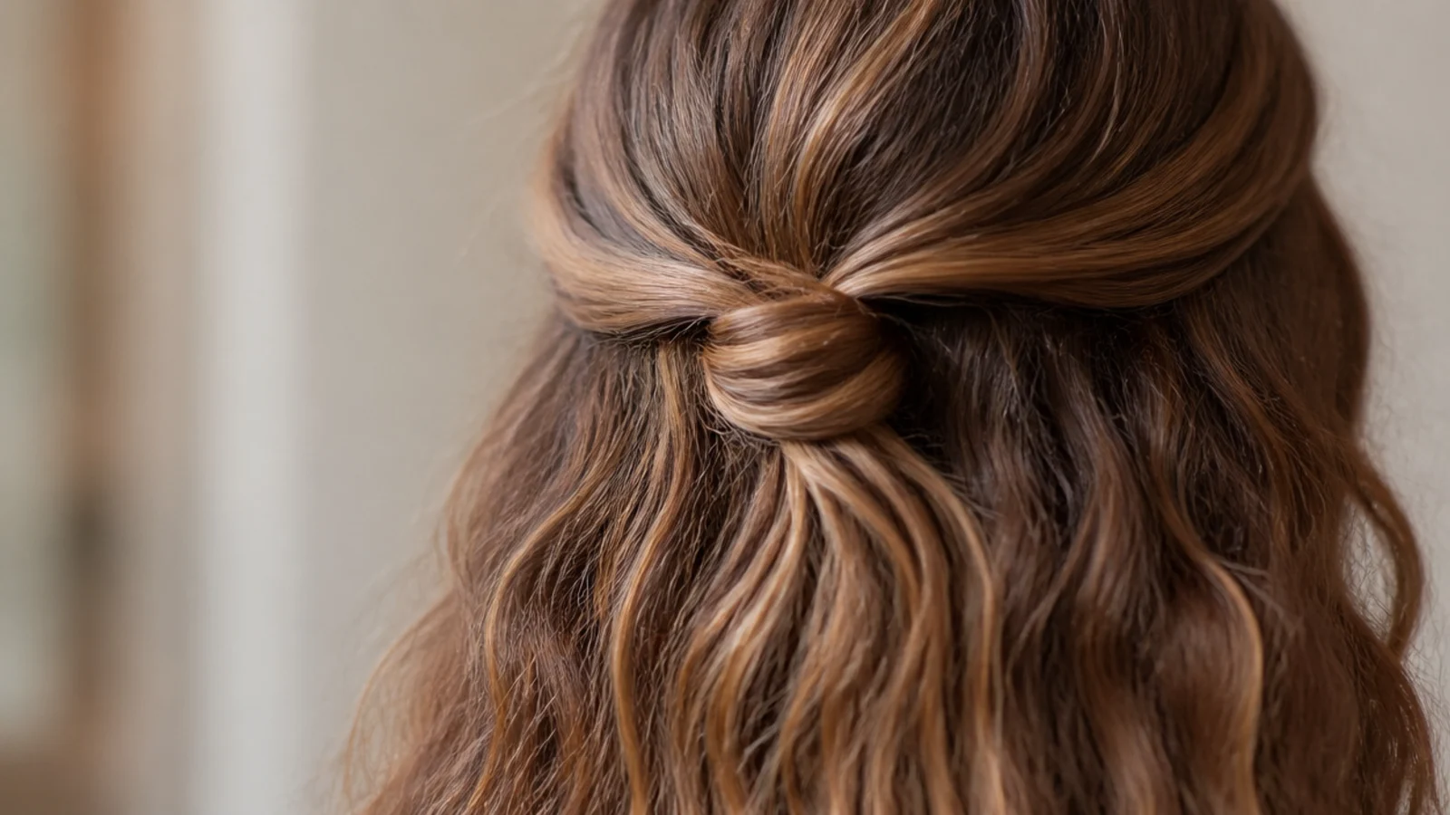 Faux knot half up style on frizzy hair with two front sections tied in a knot at the back of the head