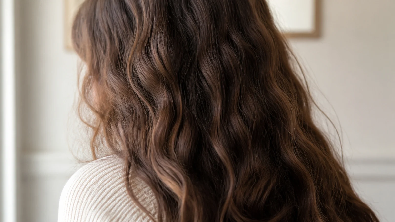 Overnight braid waves on long frizzy hair with a soft bend pattern from two loose sleeping braids
