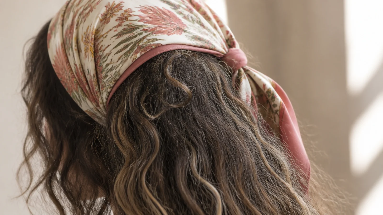 Silk scarf tied as a headband over frizzy hair with the crown covered and length left loose