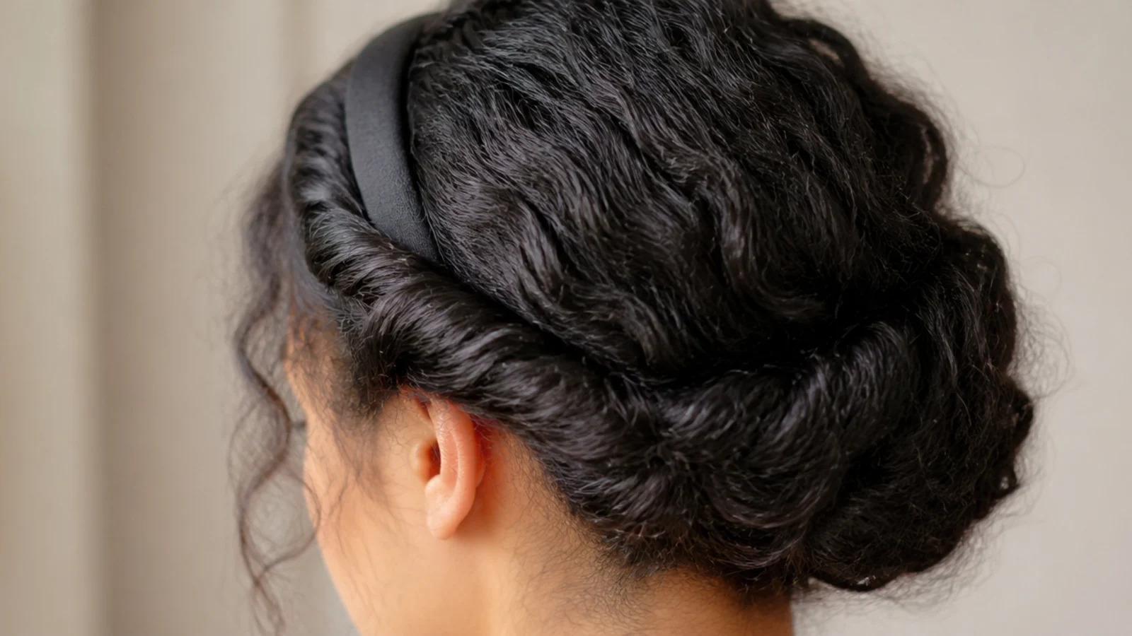 Twisted headband tuck on frizzy hair with the lengths rolled up and tucked under an elastic headband