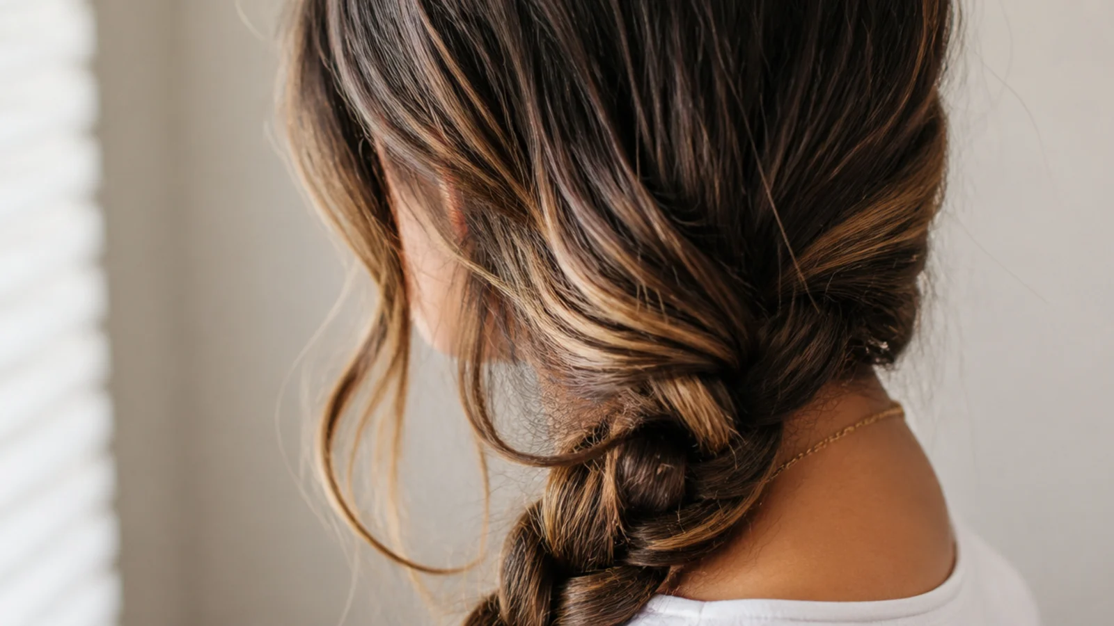 Low side braid on frizzy hair over one shoulder with two soft face framing pieces left loose