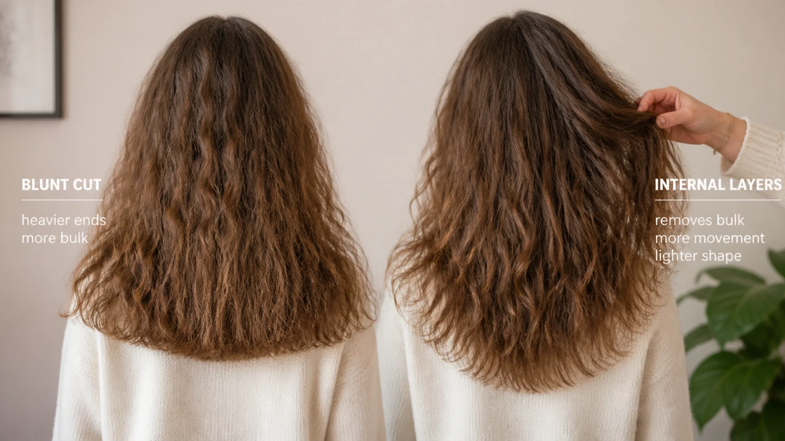 Two haircuts compared on frizzy hair: blunt heavy ends versus internal layers that remove bulk
