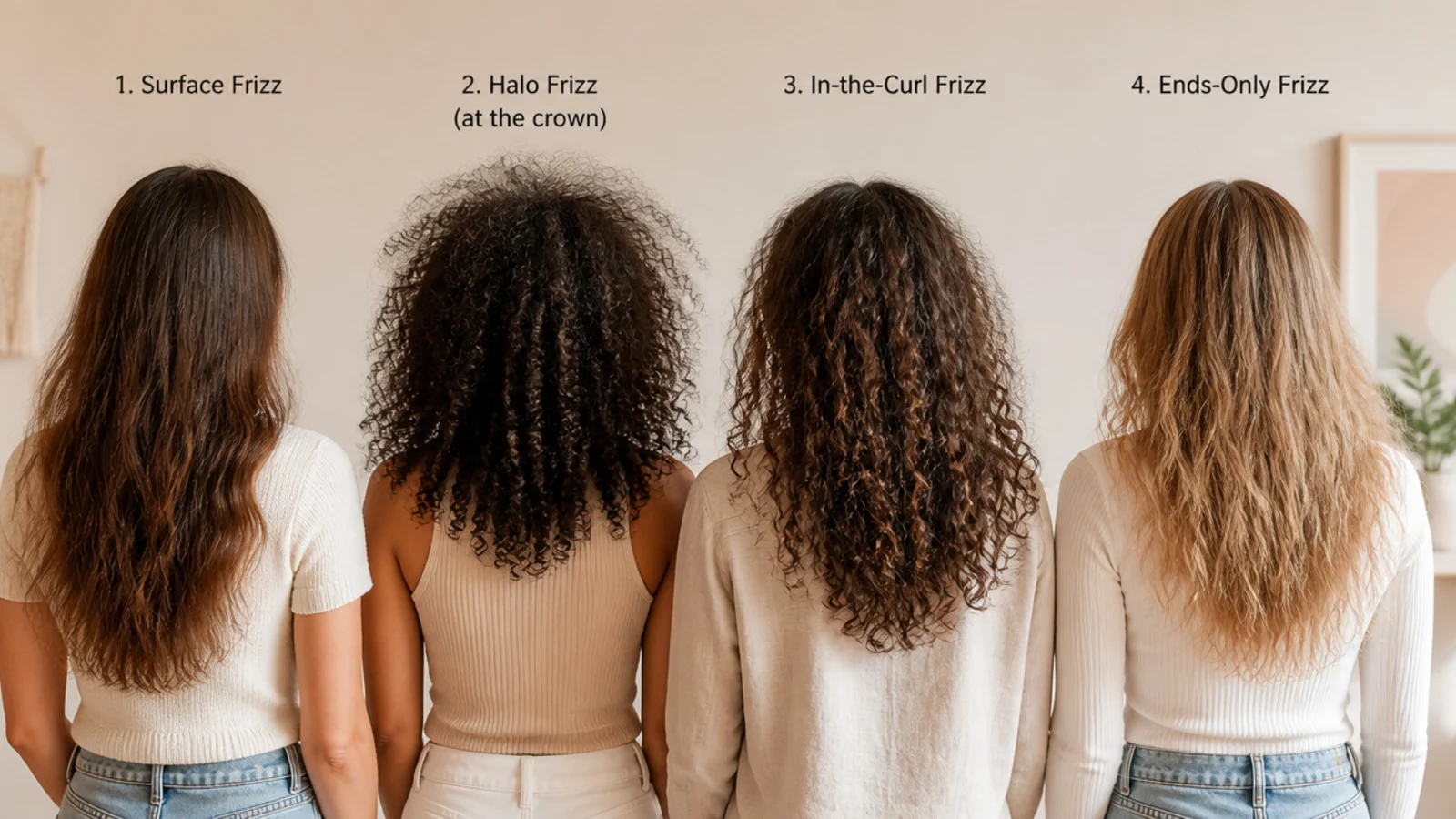 Four frizz types shown side by side: surface frizz, halo frizz at the crown, in-the-curl frizz and ends-only frizz