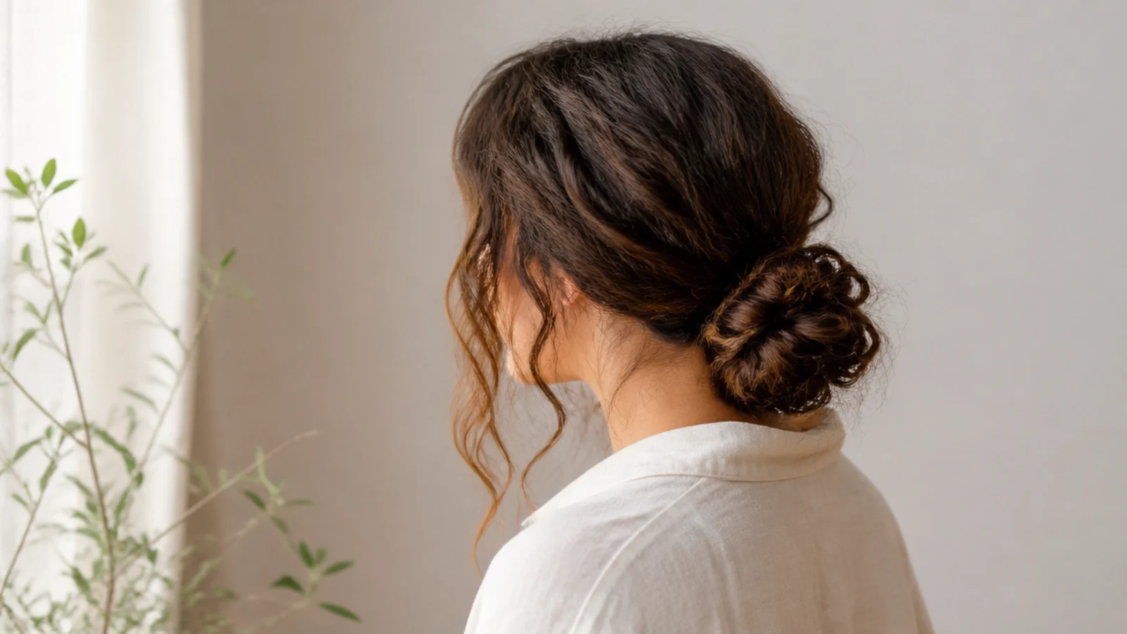 Loose low bun on frizzy wavy hair with soft face-framing pieces left out at the temples