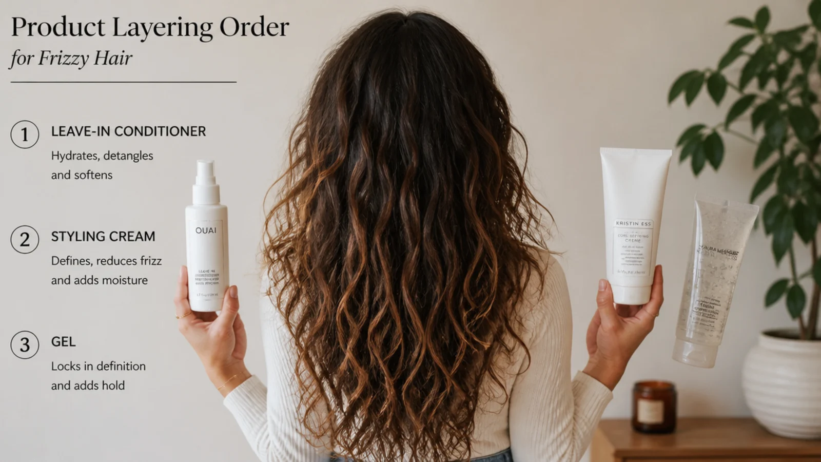 Product layering order for frizzy hair showing leave-in conditioner, styling cream and gel in sequence