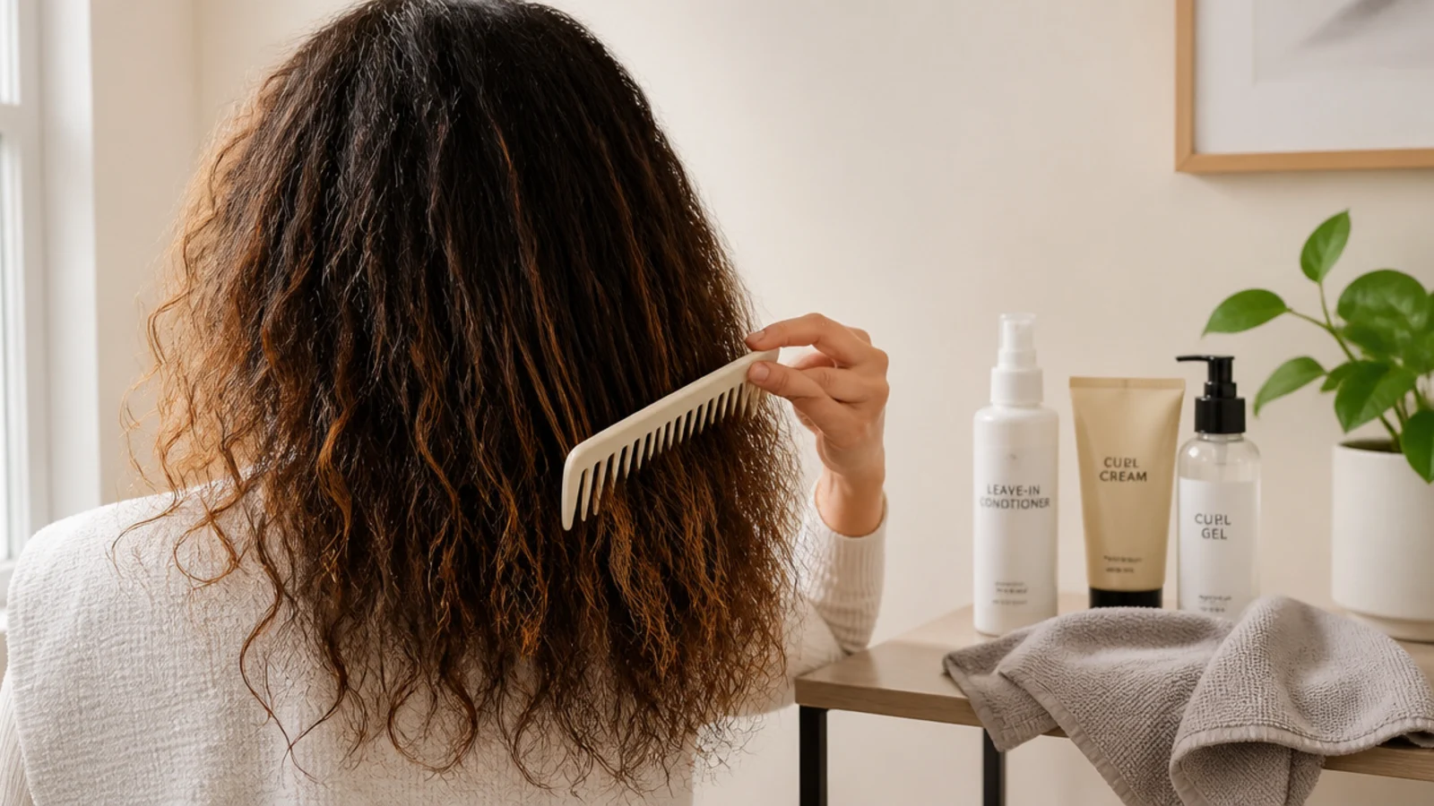 Wash day routine for frizzy hair with a microfiber towel, wide tooth comb, leave-in, cream and gel laid out