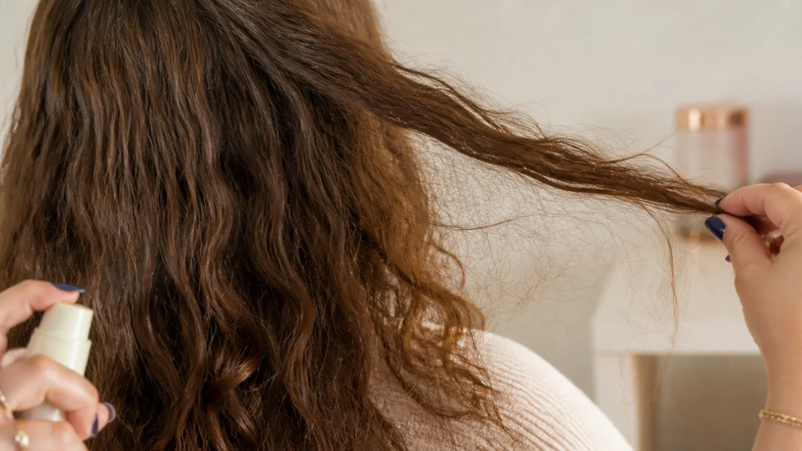 Close up of frizzy hair strands showing a lifted cuticle and flyaways against a smooth section