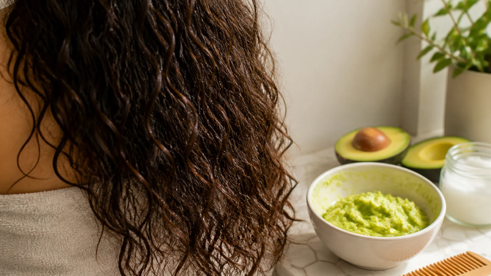 Mashed avocado and coconut oil deep conditioning mask in a bowl for dry frizzy hair