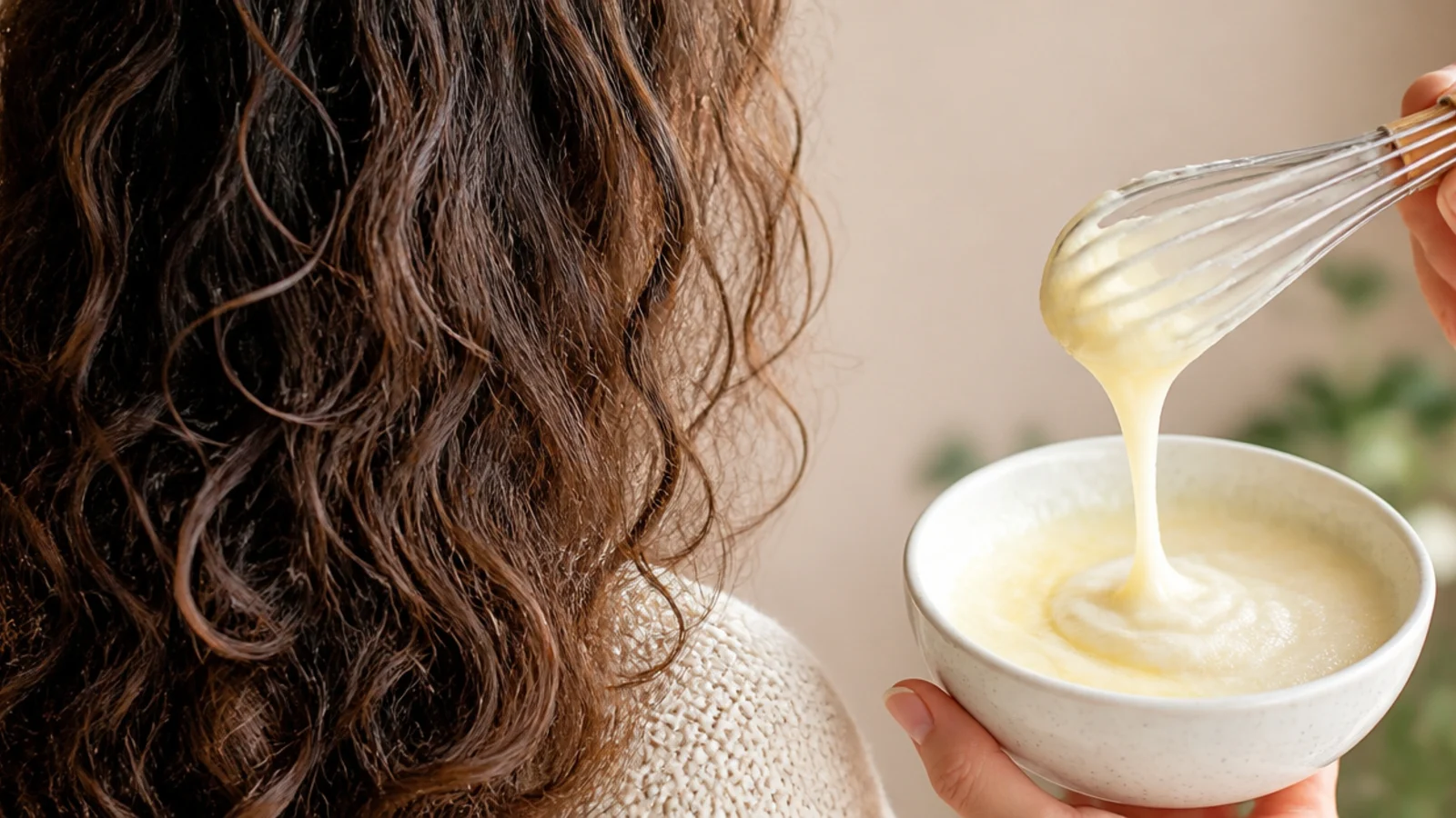 Two whipped eggs in a bowl as a protein mask for frizzy hair with elasticity loss