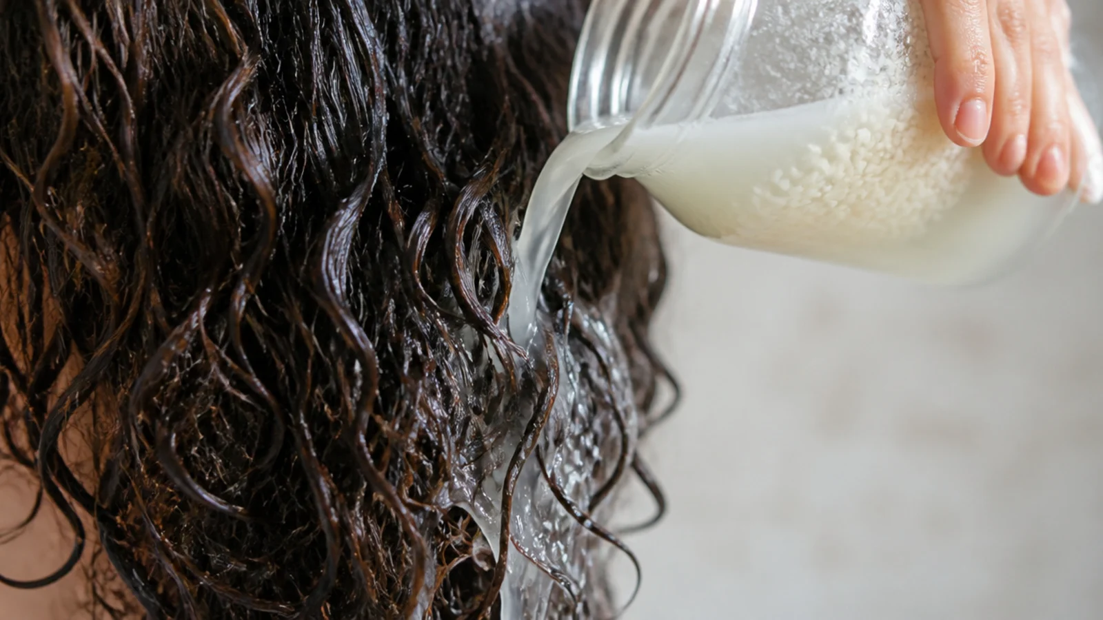 Cloudy fermented rice water in a jar poured as a protein rinse over frizzy hair
