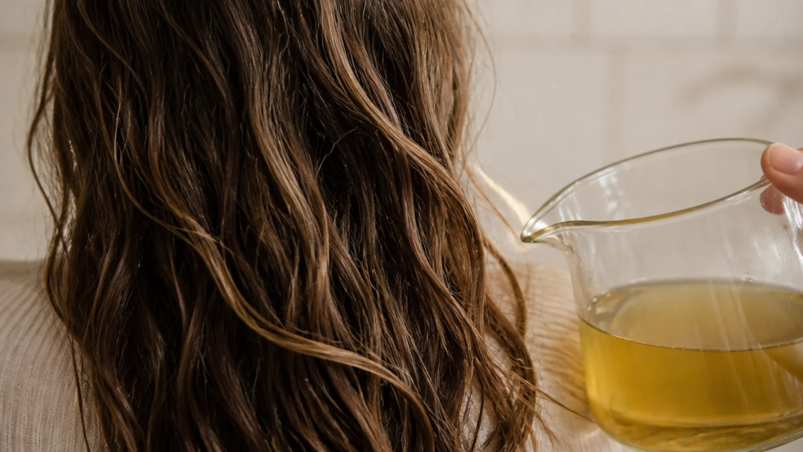 Brewed green tea cooled in a jug and used as a lightweight rinse for fine frizzy hair