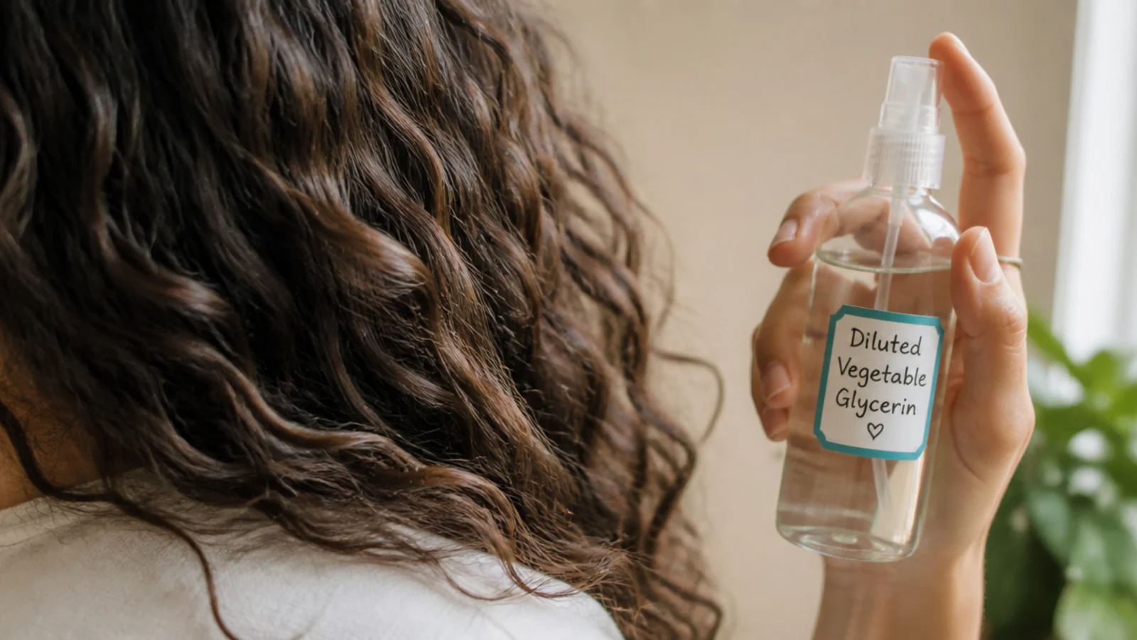 Diluted vegetable glycerin spray bottle used as a humectant remedy for frizzy hair