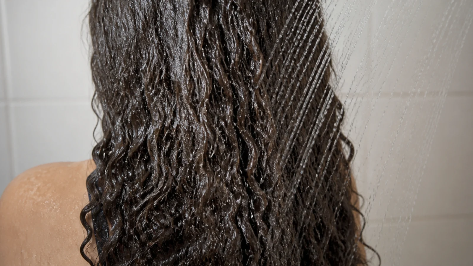 Cold water final rinse over long frizzy hair in the shower to seal the cuticle flat