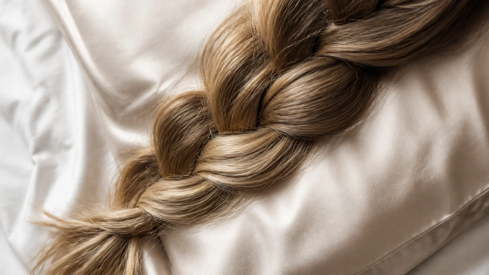 Loose overnight braid resting on a silk pillowcase to prevent day two frizzy hair