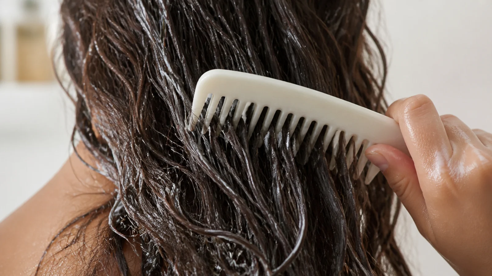 Wide tooth comb detangling conditioner coated frizzy hair in the shower from ends upward