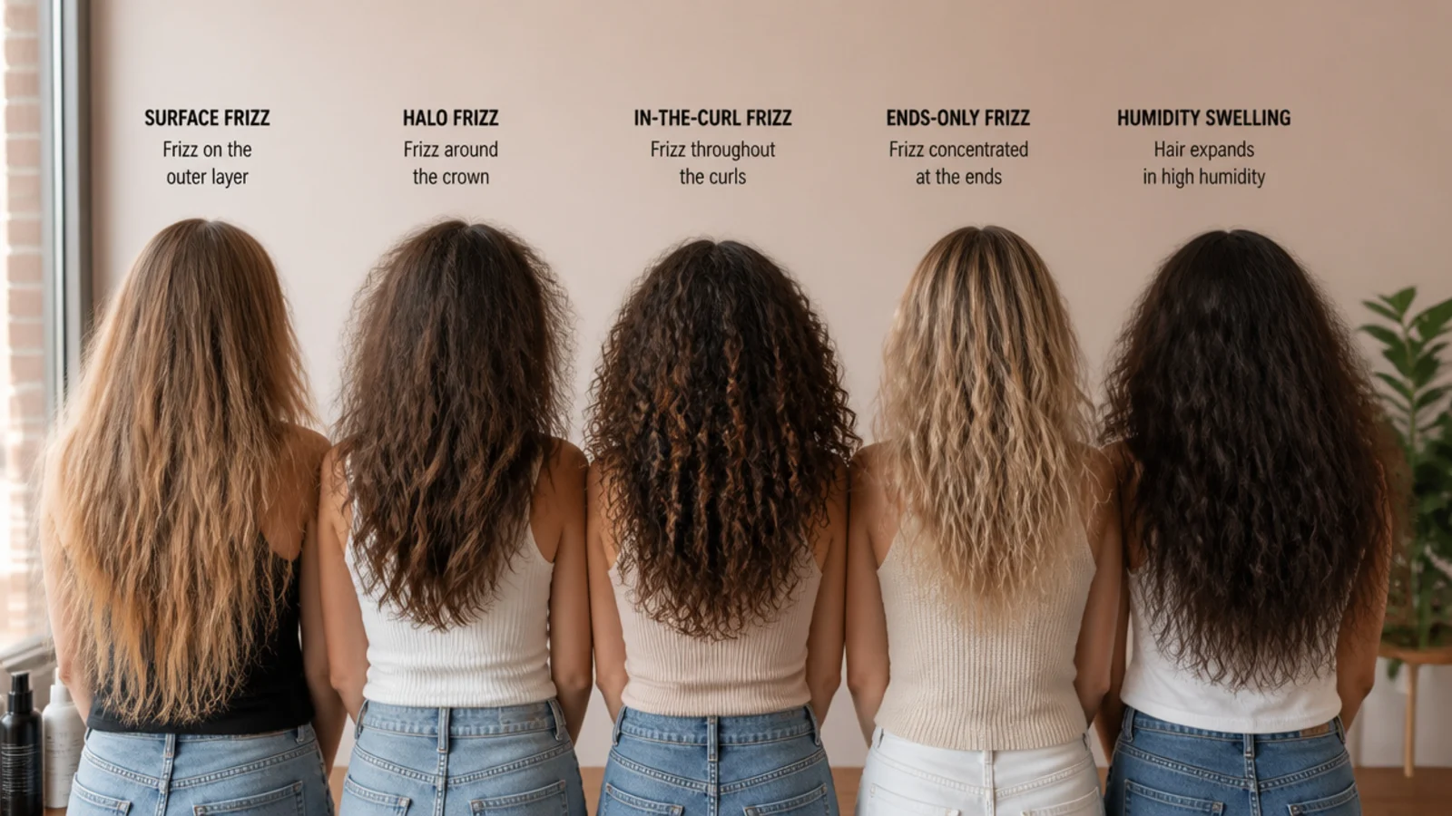 Five frizz types compared, surface frizz, halo frizz, in-the-curl frizz, ends-only frizz and humidity swelling