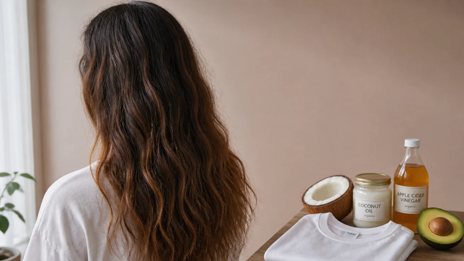 Frizzy hair remedies laid out with coconut oil, apple cider vinegar, avocado and a cotton t-shirt beside wavy hair