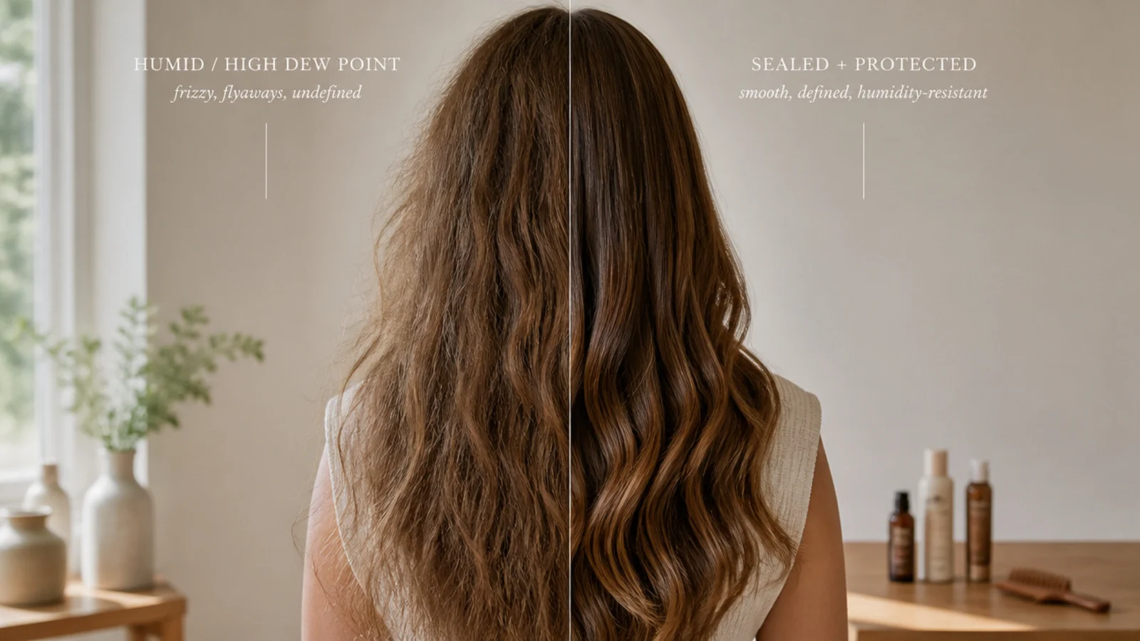 Humid weather frizzy hair compared with sealed smooth hair, showing dew point effects on remedies