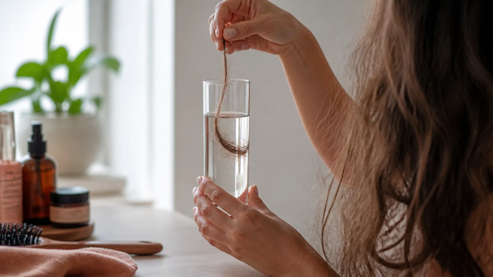 Hair porosity float test in a glass of water to choose the right frizzy hair remedies