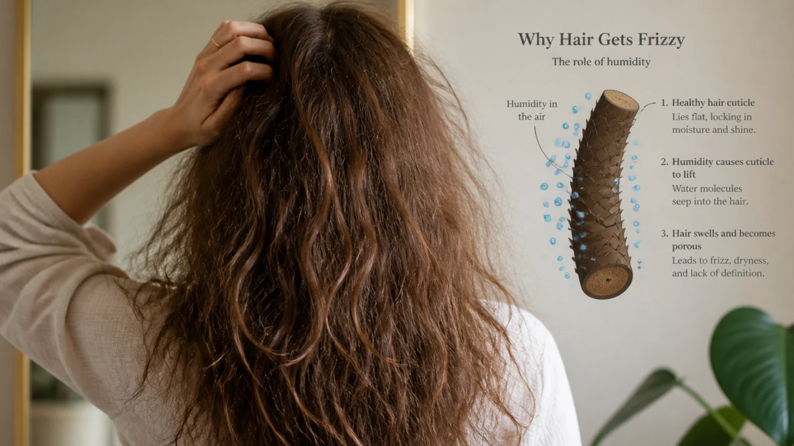 Diagram of a lifted hair cuticle absorbing humidity, the mechanism behind frizzy hair remedies