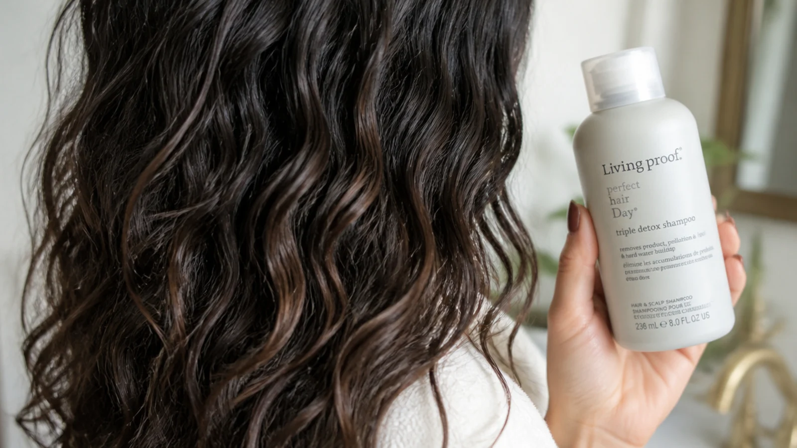 Clarifying shampoo bottle used monthly to remove silicone buildup from frizzy hair