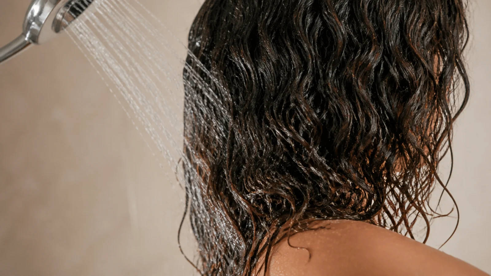 Cold water final rinse over frizzy hair to flatten the cuticle at the end of a wash