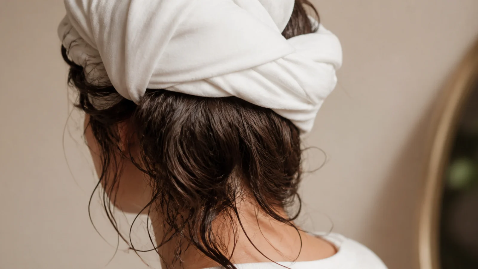 Frizzy hair plopped into a cotton t-shirt turban for twenty minutes to set the pattern