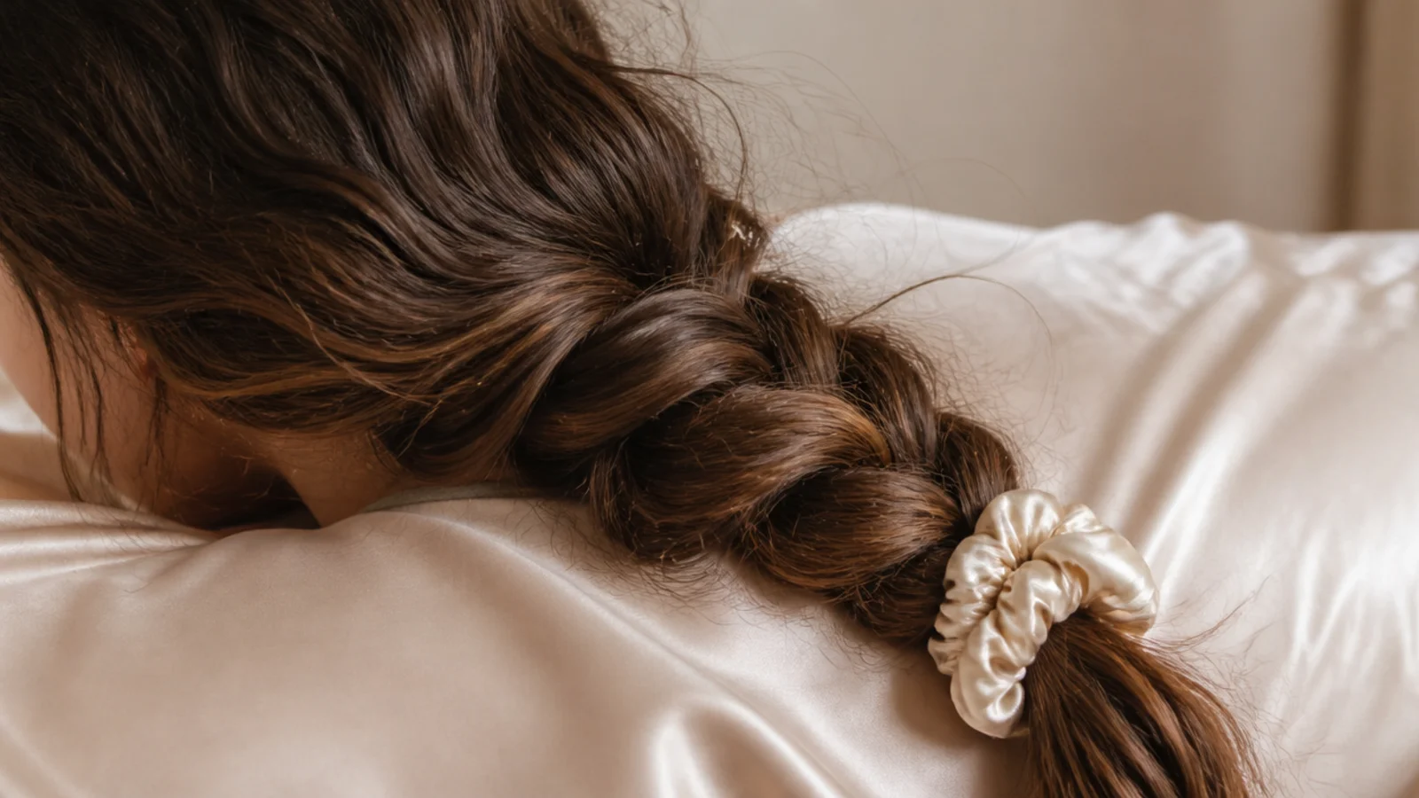 Loose low braid tied with a satin scrunchie on a silk pillowcase to protect frizzy hair overnight