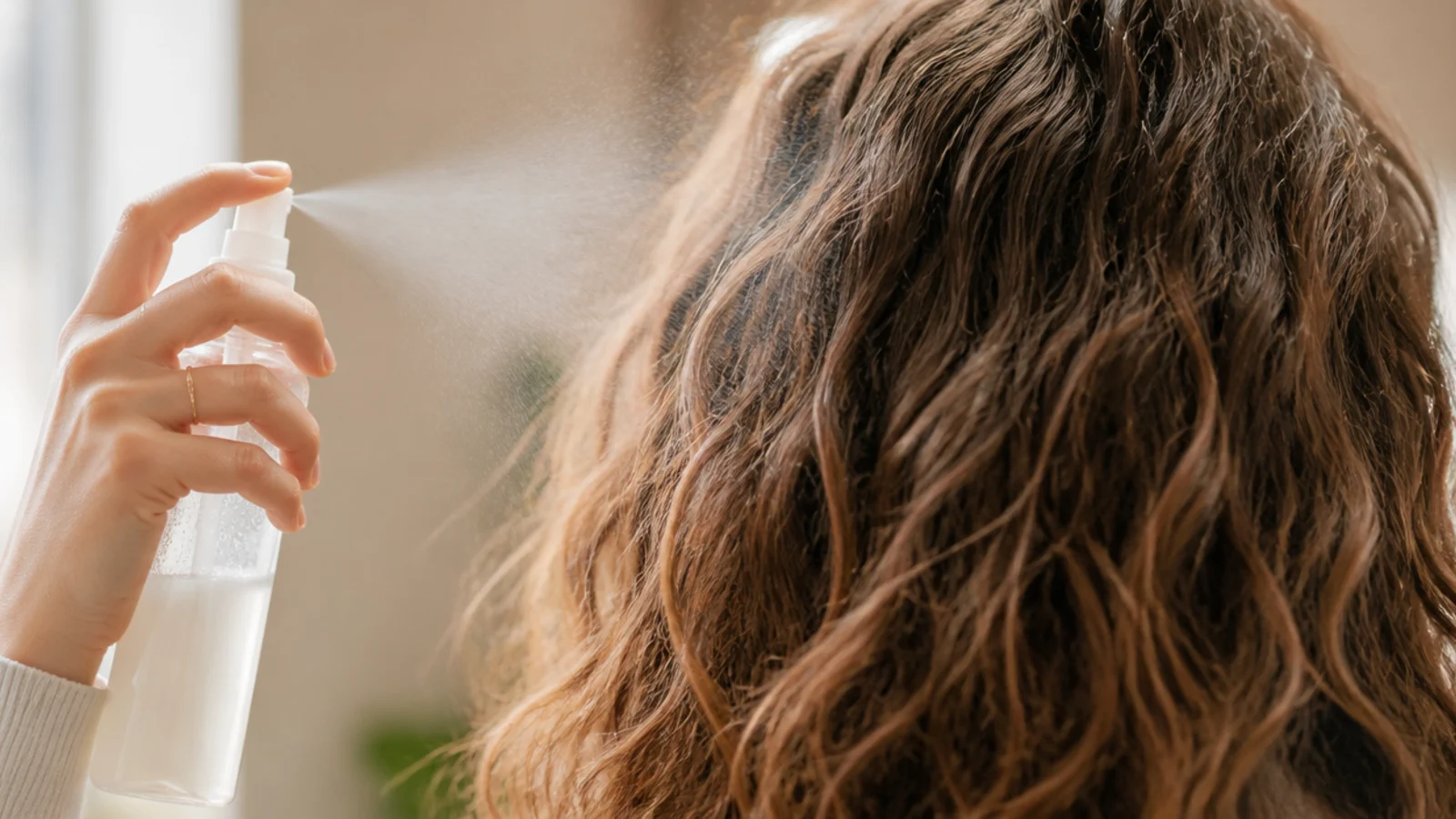 Spray bottle of water and leave-in conditioner misting day two frizzy hair to reshape it